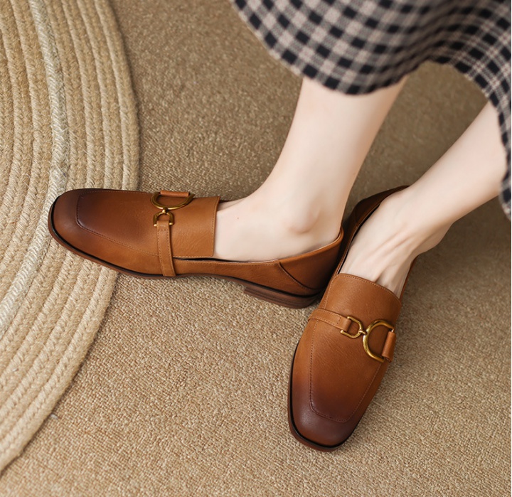 Square head brown shoes spring loafers for women