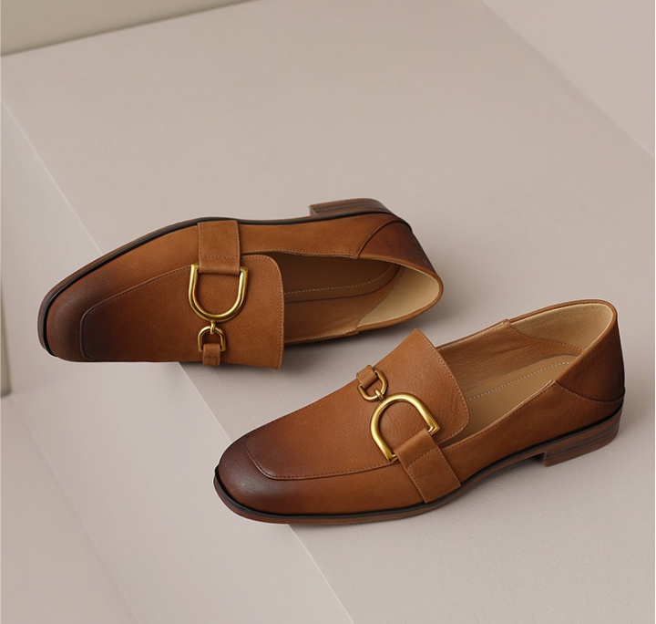 Square head brown shoes spring loafers for women