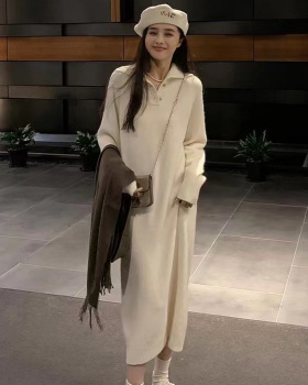 Knitted France style overcoat long loose sweater dress