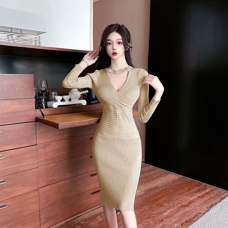 Long sleeve high waist dress tight V-neck sweater dress