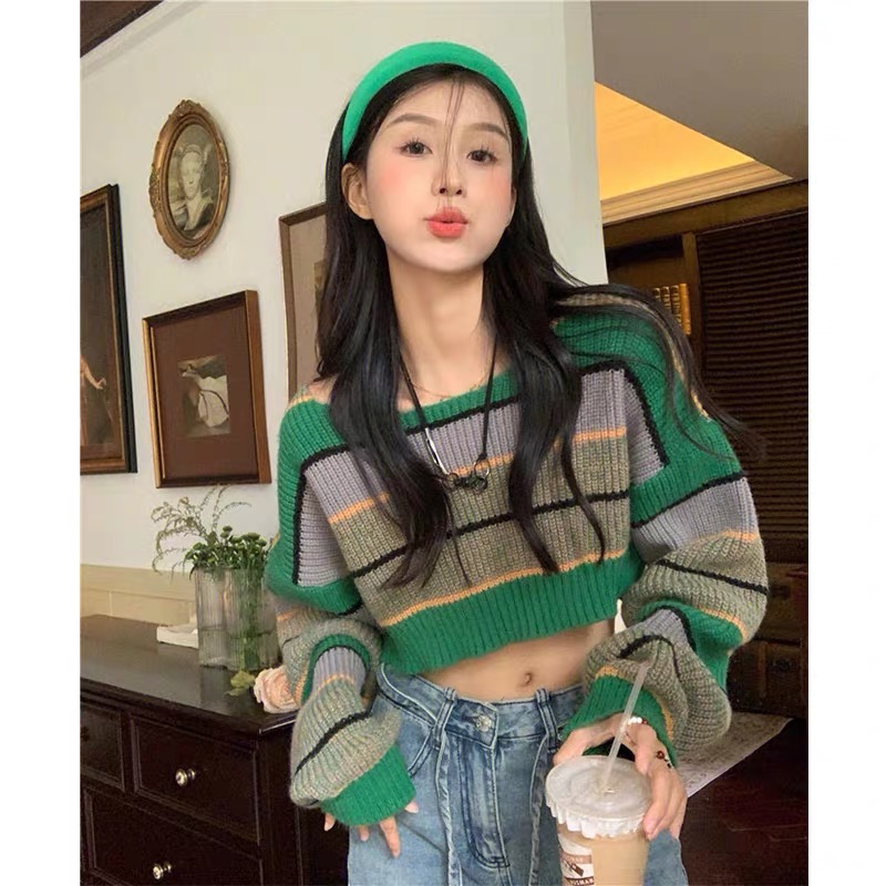 Stripe lazy short tops green loose sweater for women