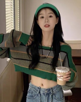 Stripe lazy short tops green loose sweater for women