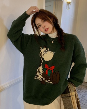 Cartoon round neck christmas knitted loose sweater