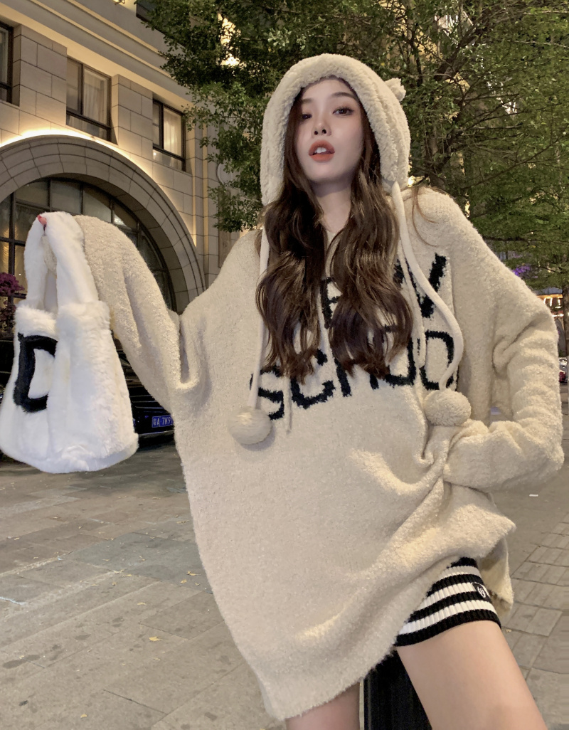 Letters lazy long hooded Korean style sweater