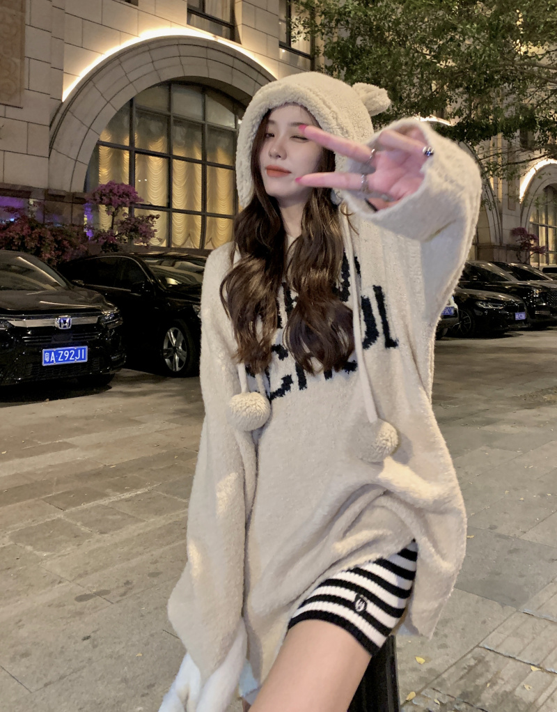 Letters lazy long hooded Korean style sweater