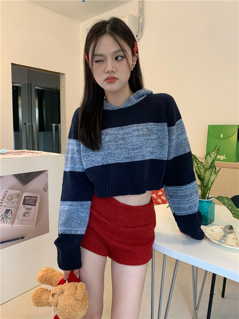Loose hooded mixed colors short sweater