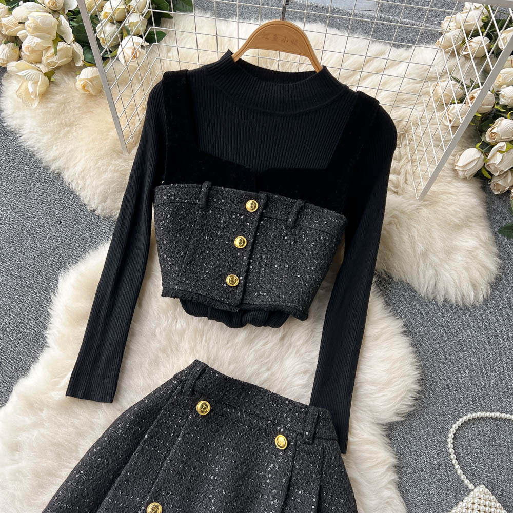 Sling sweater autumn and winter short skirt 3pcs set for women