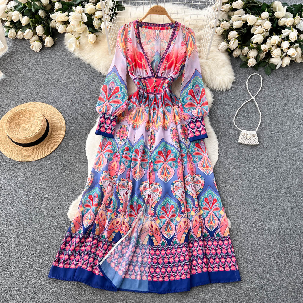 Spring and autumn pinched waist temperament long sleeve dress