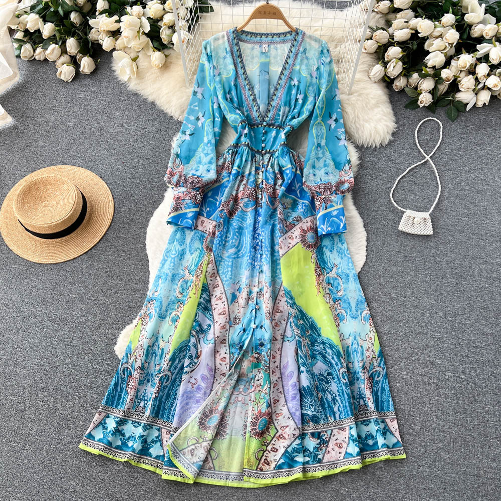 Spring and autumn pinched waist temperament long sleeve dress