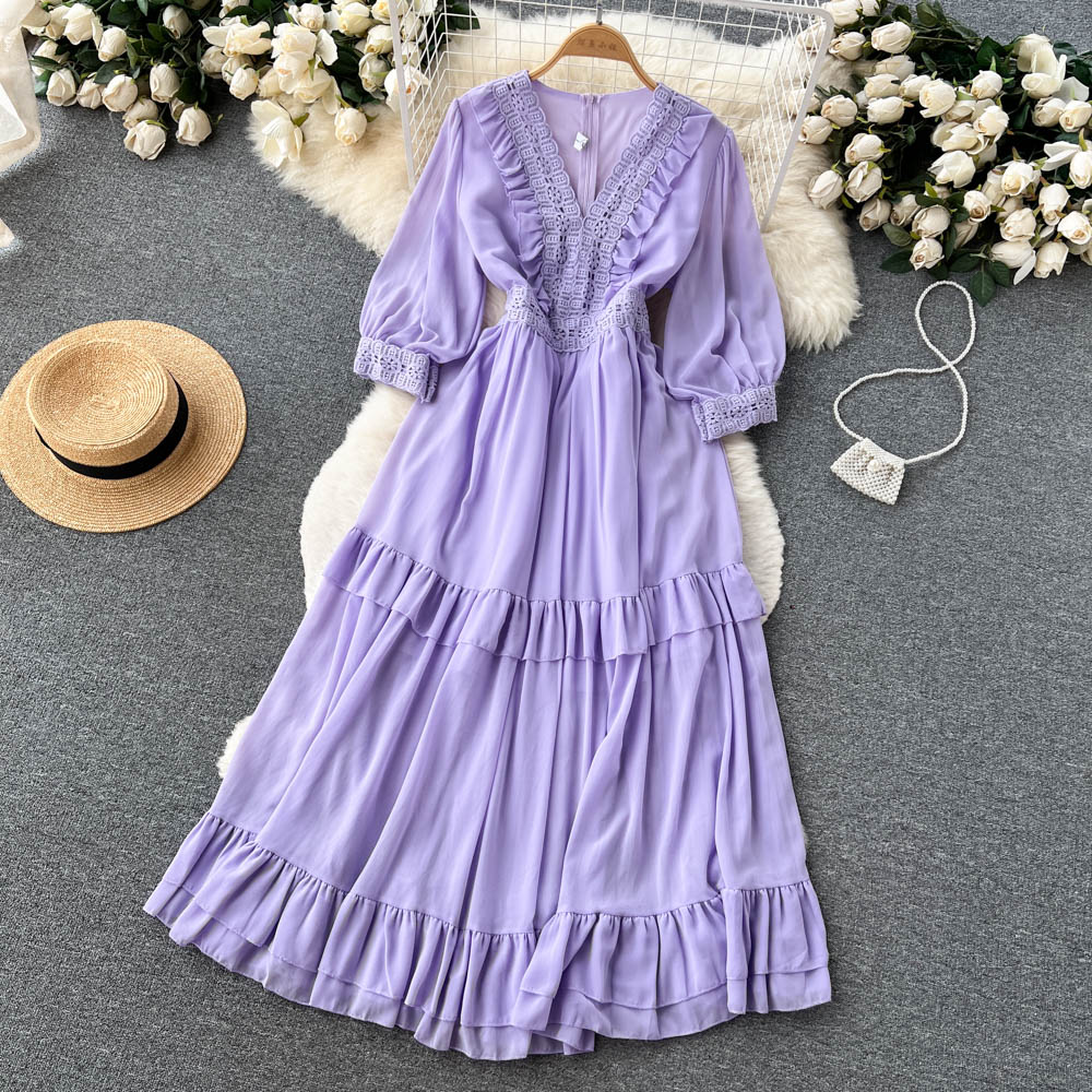 Lace dress pleated long dress for women