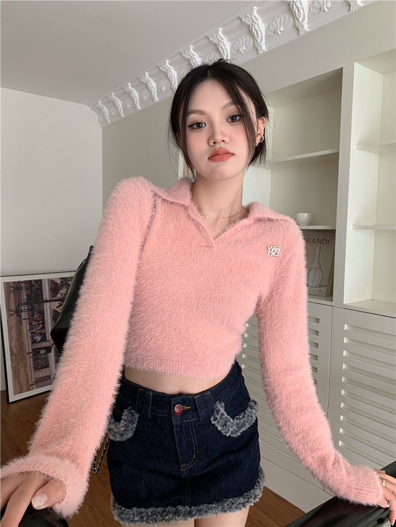 Short lapel all-match mink velvet sweater