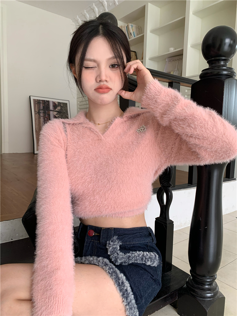 Short lapel all-match mink velvet sweater