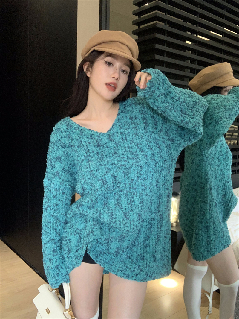 Long sleeve soft long grain V-neck lazy sweater for women