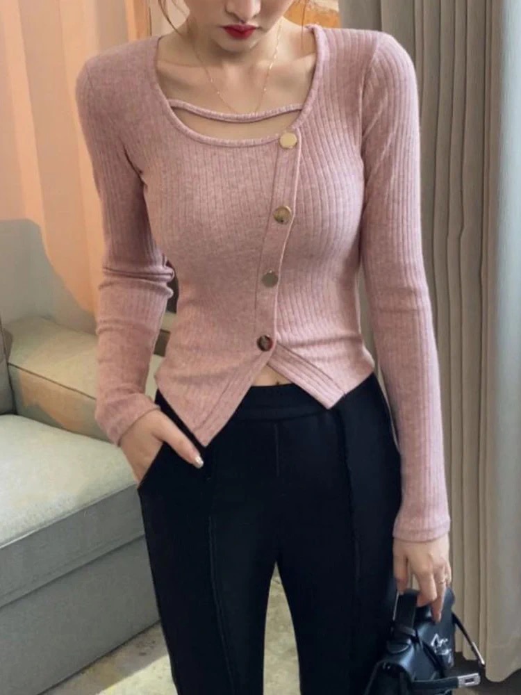 Slim square collar tops pure sweater for women