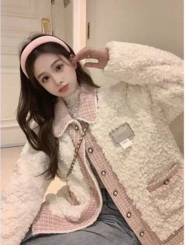 Long sleeve splice coat lambs wool cotton coat for women