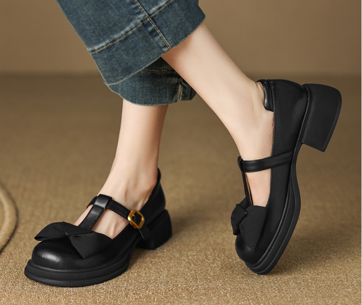 Small round shoes low bow leather shoes for women