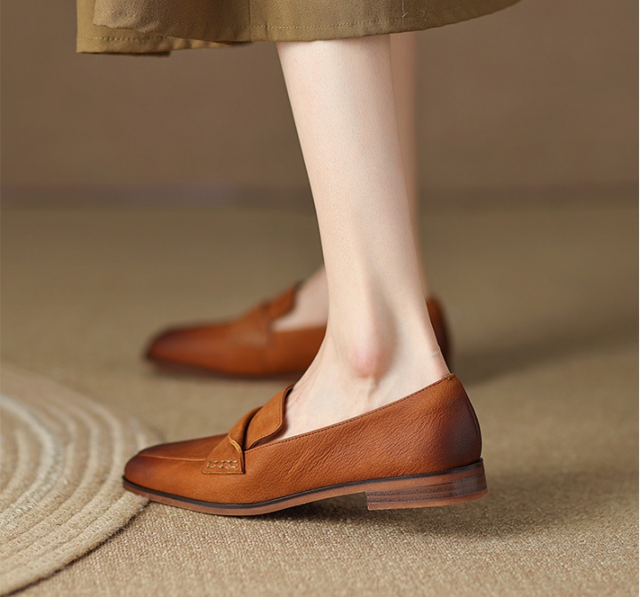 Spring flat brown loafers small square head retro shoes