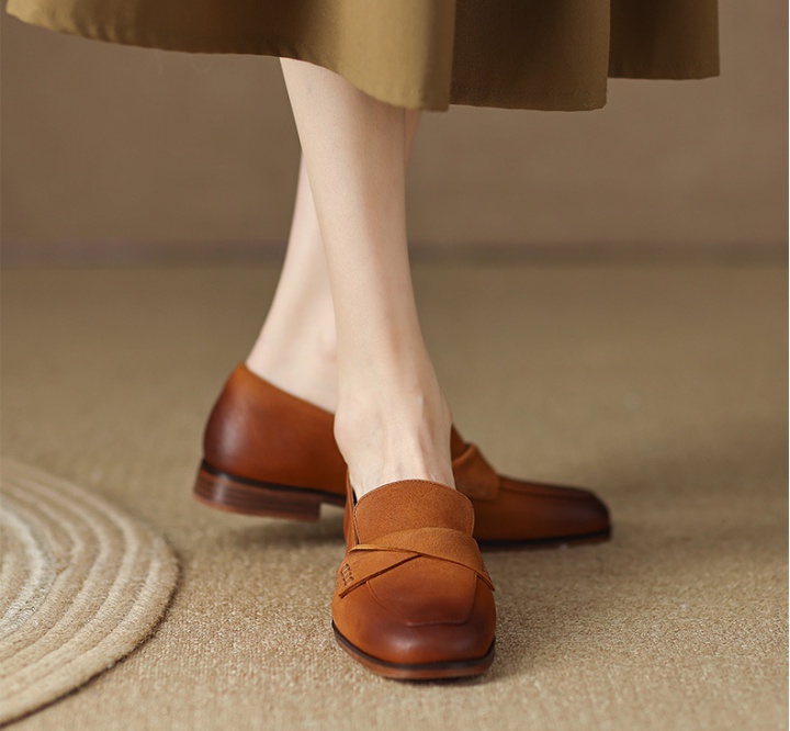 Spring flat brown loafers small square head retro shoes