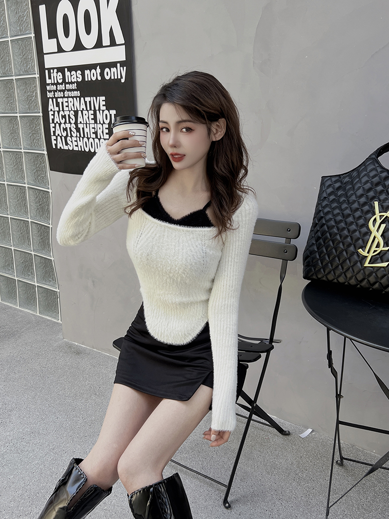 Temperament white sweater short Pseudo-two tops for women