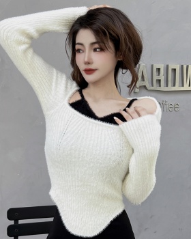 Temperament white sweater short Pseudo-two tops for women