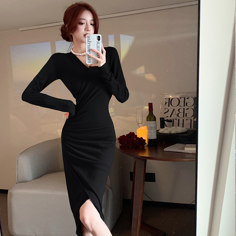 Winter black dress folds package hip long dress for women