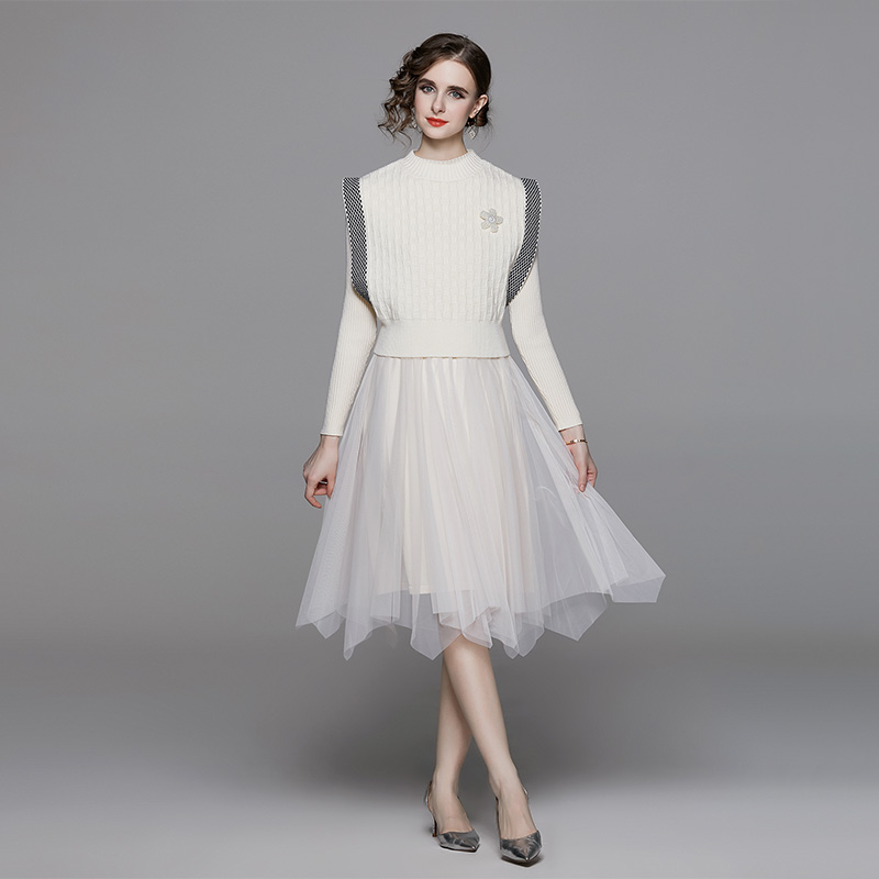 Gauze small dress winter dress 2pcs set for women