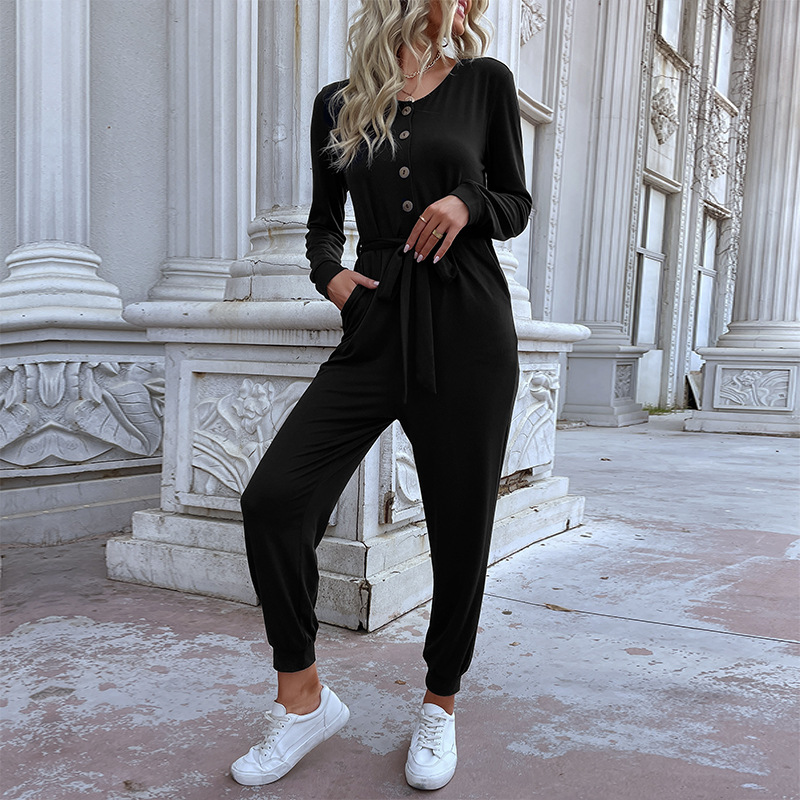 European style black fashion long sleeve jumpsuit