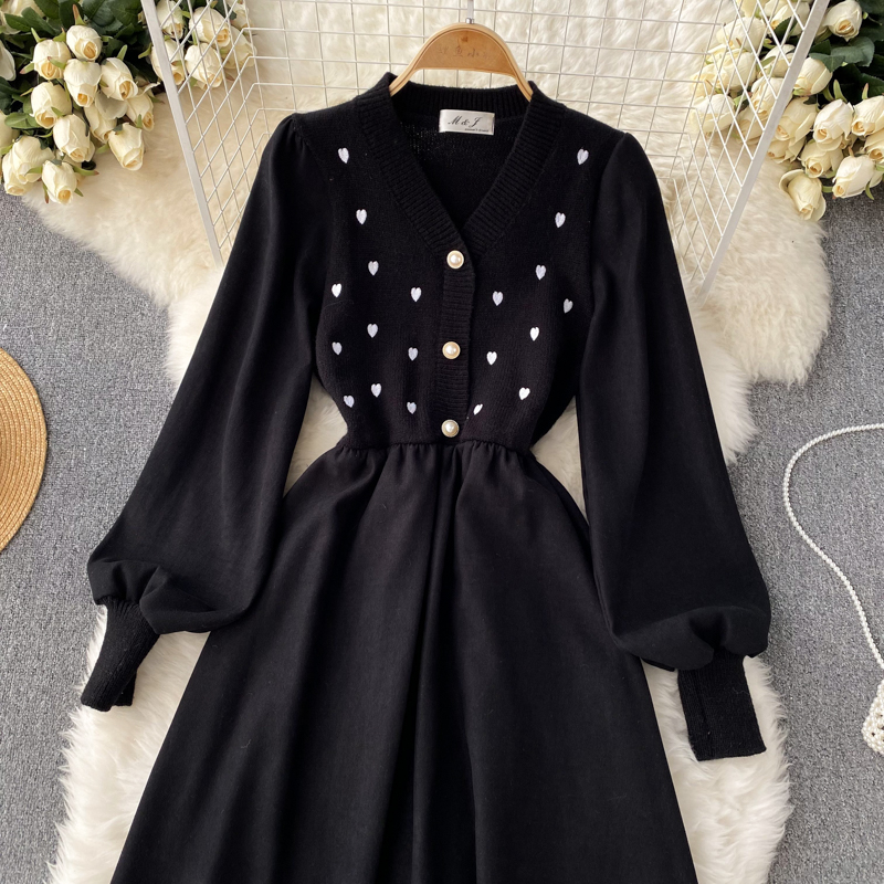 Corduroy knitted V-neck Korean style pinched waist sweet dress