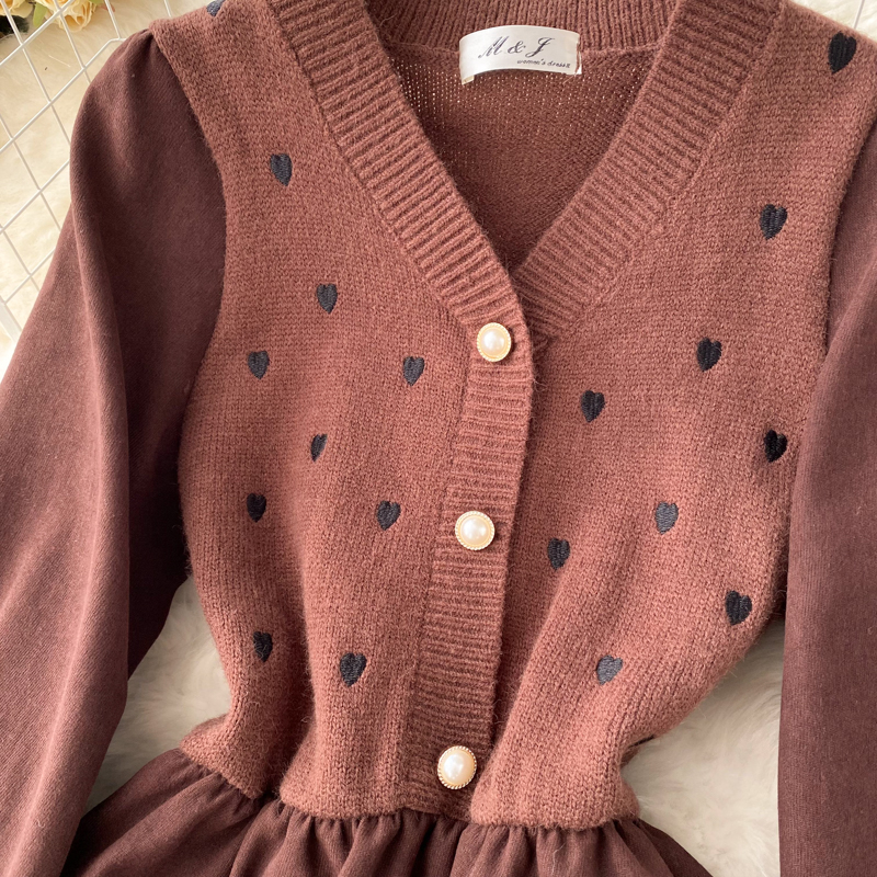 Corduroy knitted V-neck Korean style pinched waist sweet dress