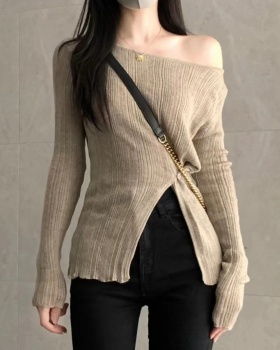 Khaki all-match tops slim pinched waist sweater for women