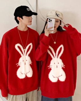 Red pullover loose sweater round neck rabbit tops