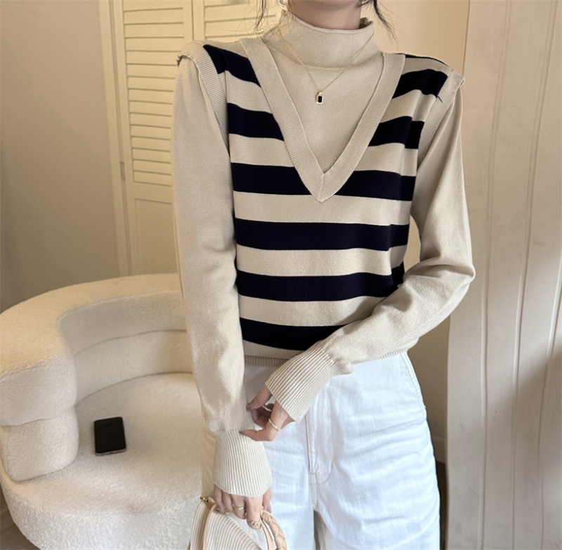 Stripe Pseudo-two sweater high collar bottoming shirt