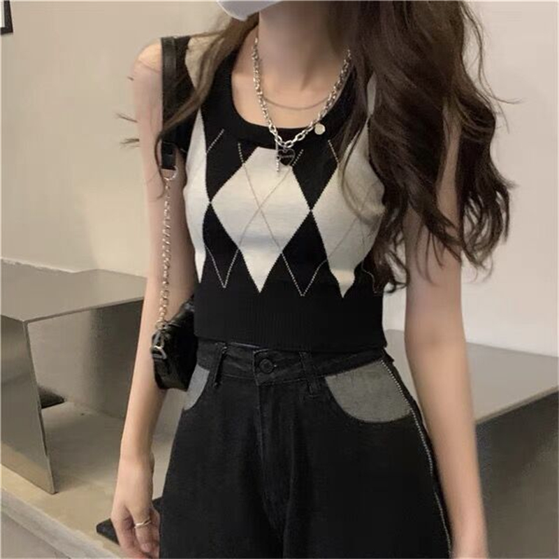 Retro lazy quilted vest knitted sleeveless waistcoat for women