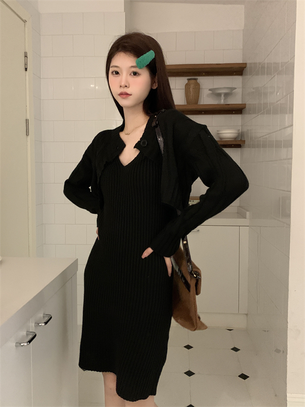 Long sleeve fashion dress knitted vest 2pcs set