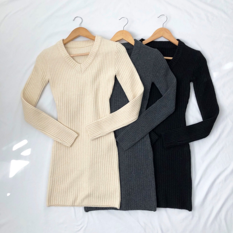 Package hip V-neck dress slim autumn and winter sweater