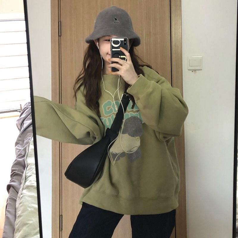 Thick Korean style tops plus velvet loose hoodie for women