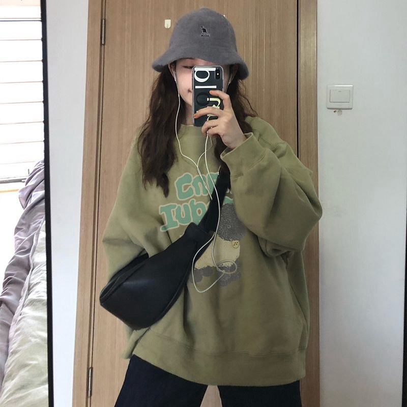 Thick Korean style tops plus velvet loose hoodie for women
