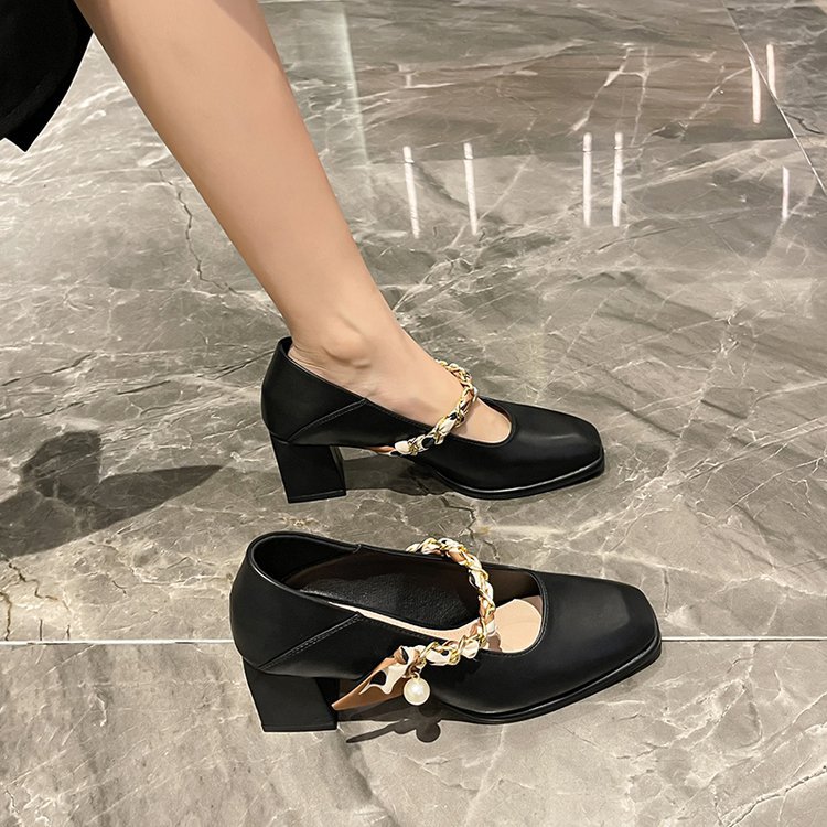 Low square head shoes spring Korean style high-heeled shoes