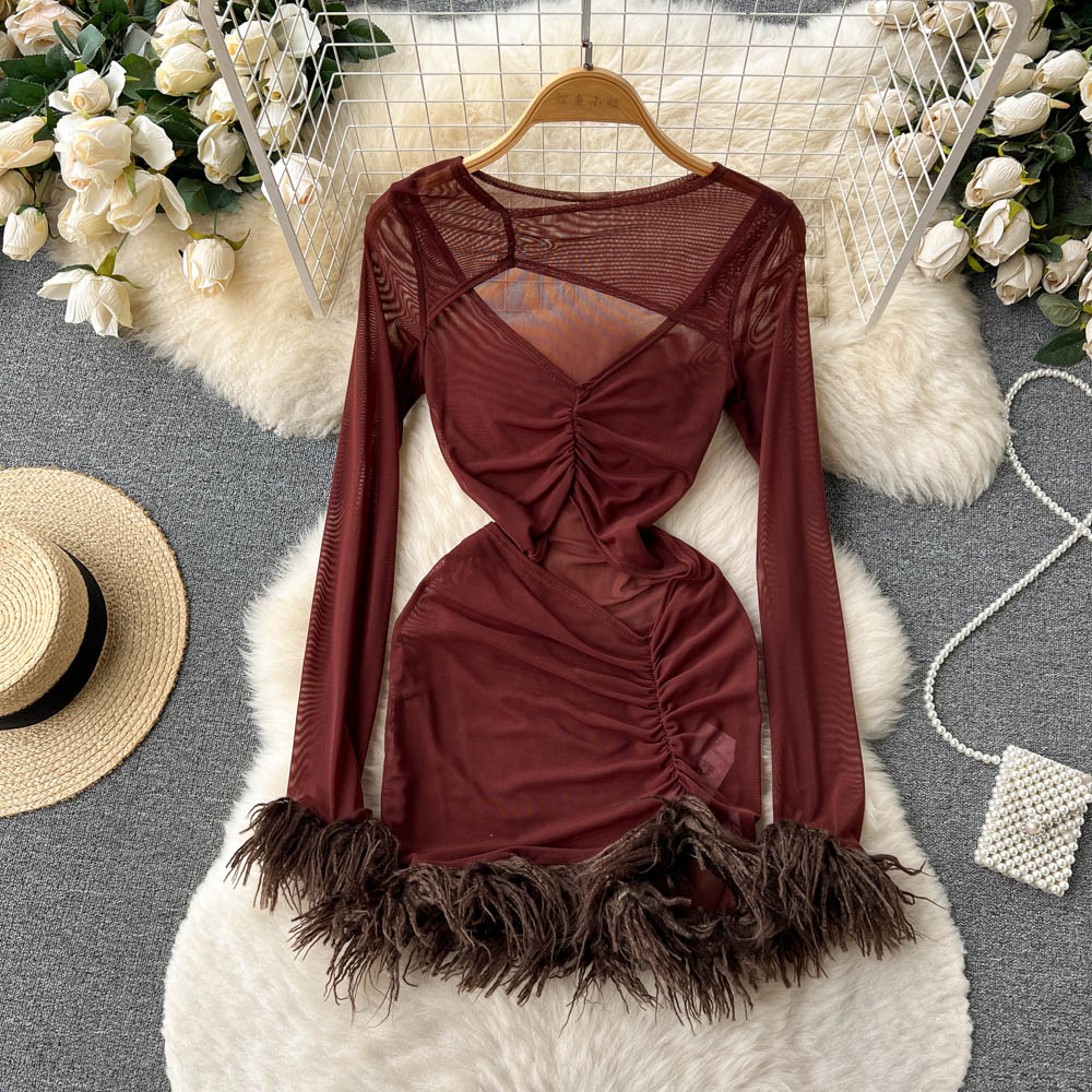 Spring and autumn fold hollow tassels sexy dress for women