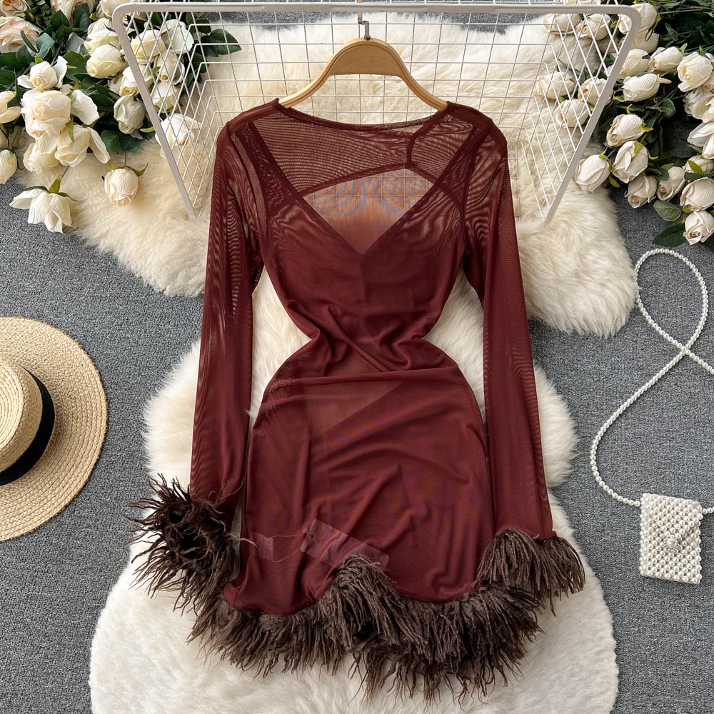 Spring and autumn fold hollow tassels sexy dress for women