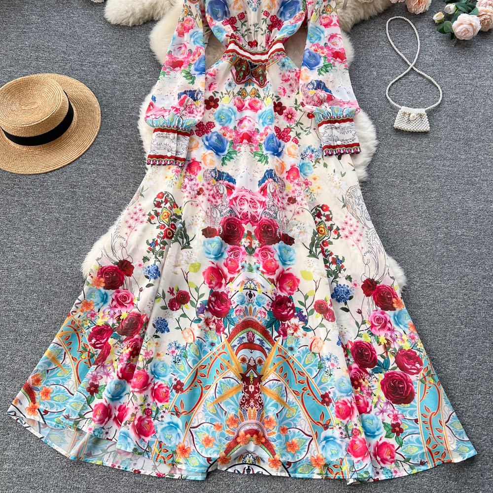 Big skirt V-neck long dress printing dress for women