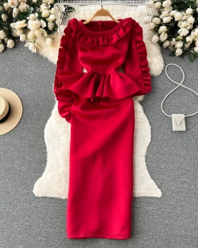 Fashion slim crimp dress spring and autumn red evening dress