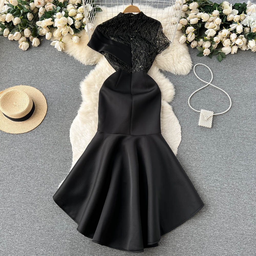 Embroidery skirt hem dress black evening dress for women