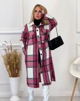 Woolen long shirt plaid European style coat for women