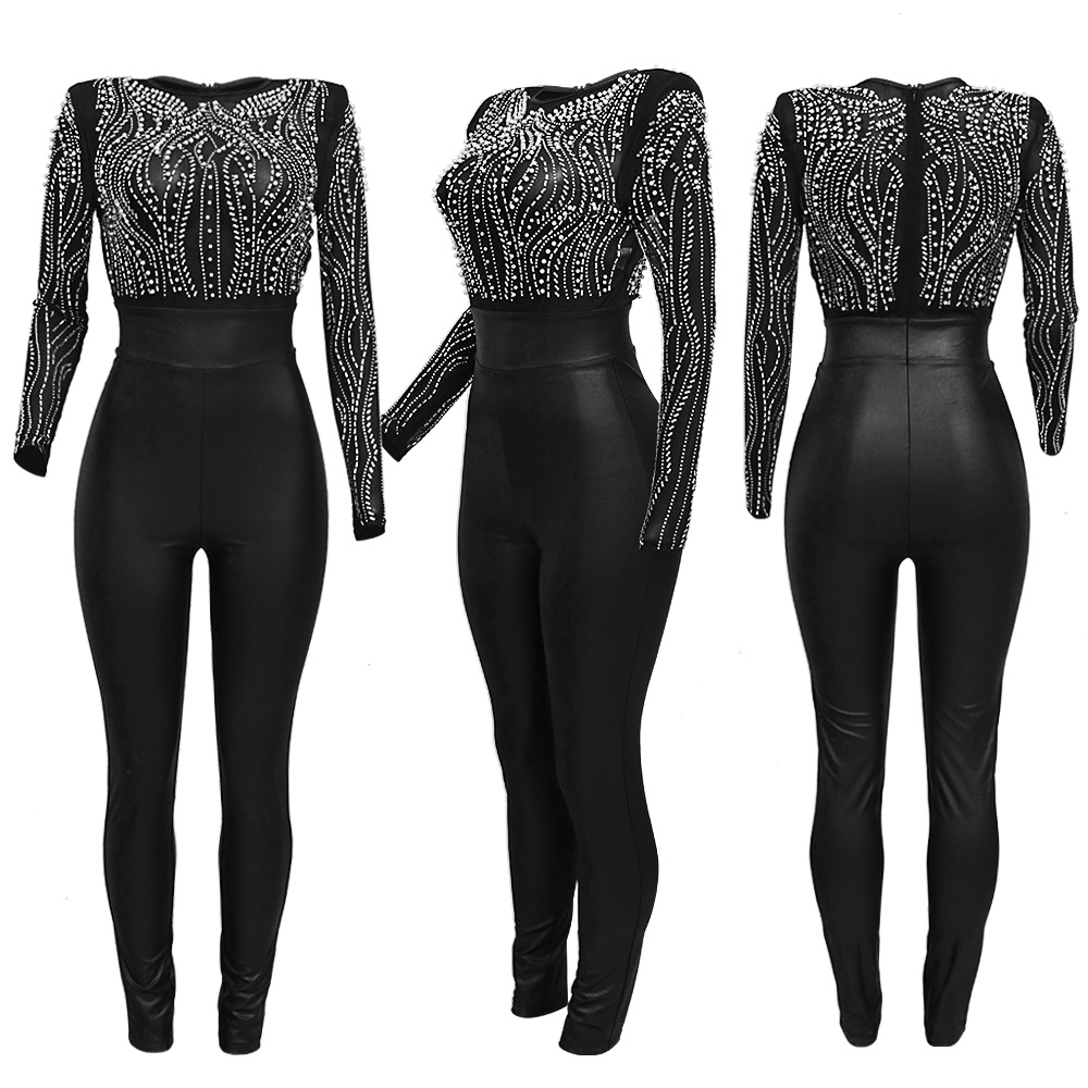 Slim perspective Casual rhinestone jumpsuit for women