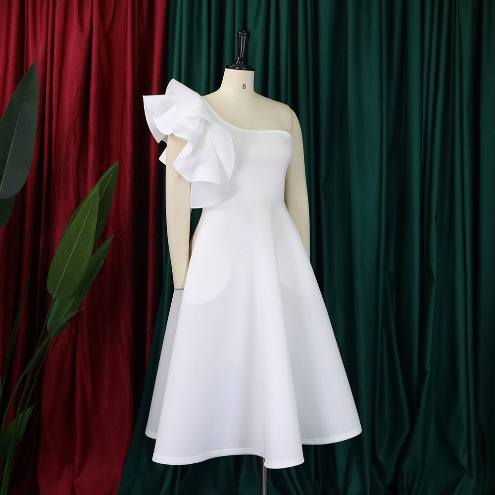 Sloping shoulder dress lotus leaf edges formal dress for women