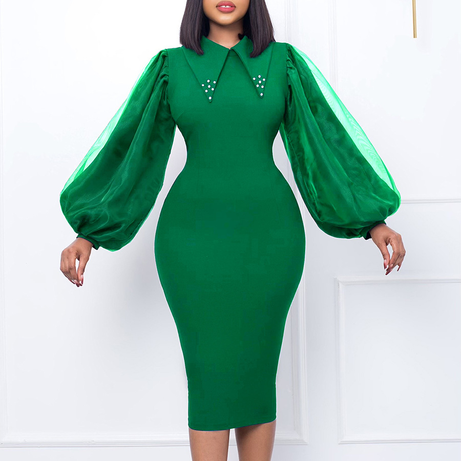 Long sleeve large yard package hip beading dress for women