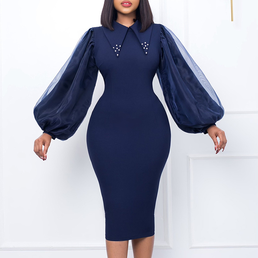 Long sleeve large yard package hip beading dress for women