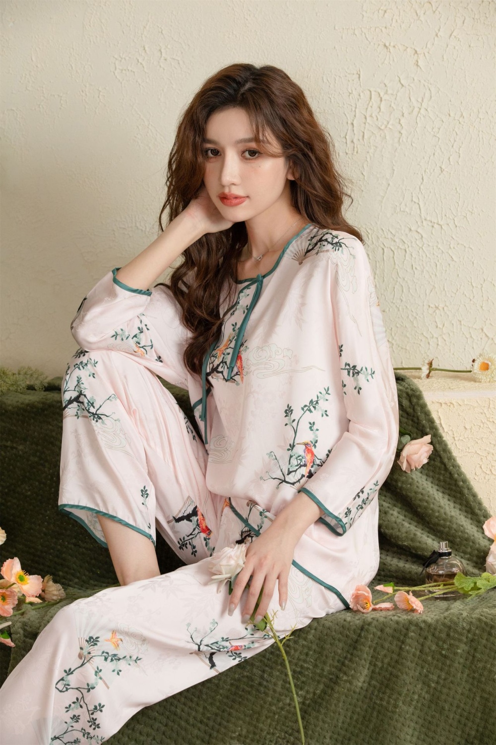 Ice silk long sleeve long pants spring homewear pajamas for women
