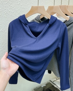 Sueding V-neck bottoming shirt hooded T-shirt for women